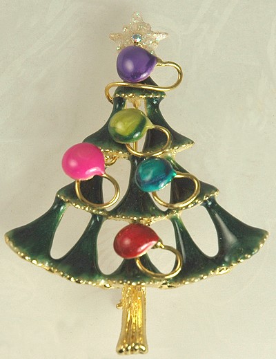 Fanciful Unsigned Christmas Tree Pin with Skittle Look Ornaments