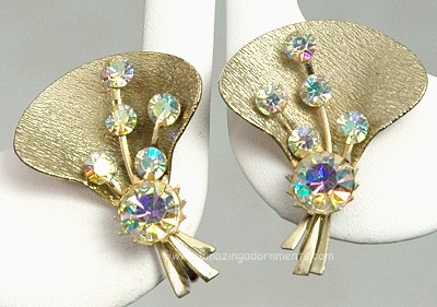 Vintage Aurora Borealis Rhinestone Calla Lilly Earrings