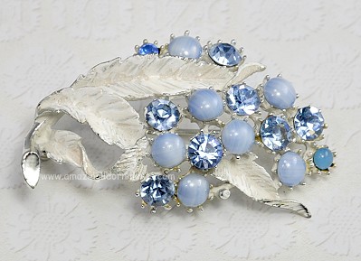 Lovely Vintage Blue Rhinestone and Cabochon Brooch with Enamel Leaves