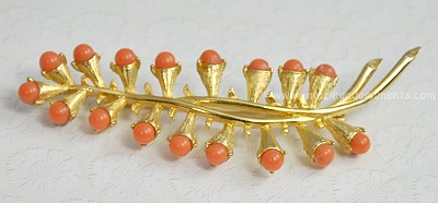 Large and Stately Foliate Brooch with Orange Bead Tipped Leaves Signed CATHE