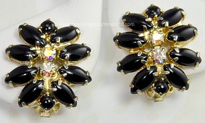 Superb Vintage Black Glass and Aurora Borealis Rhinestone Earrings