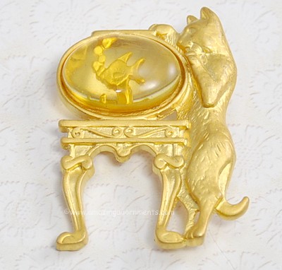 Endearing Cat at Fish Bowl on Table Brooch