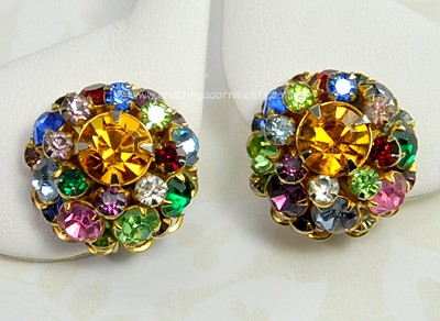 Dazzling Domed Multi- colored Rhinestone Vintage Earrings