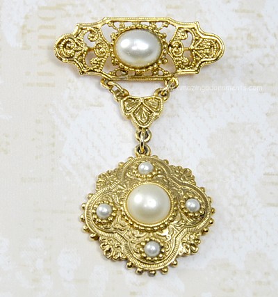 Pretty Antique Look Faux Pearl Brooch with Ornate Fob/Drop