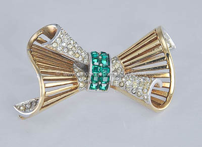 Magnificent Vintage Signed BOUCHER Emerald and Clear Rhinestone Brooch