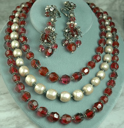 ROBERT DEMARIO Cranberry Crystal and Large Faux Baroque Pearl Demi Parure