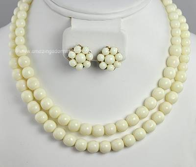 Flattering Vintage Two Strand Glass Bead Necklace and Earring Set Signed ALICE CAVINESS