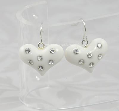 White Plastic Puffy Heart Earrings with Clear Rhinestones