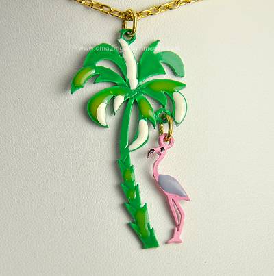 Appealing Vintage Enamel Tropical Palm Tree and Pink Flamingo Necklace