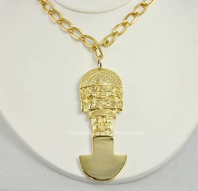 Chunky Signed ORO DEL PERU Gold Plated Incan Deity Figural Necklace