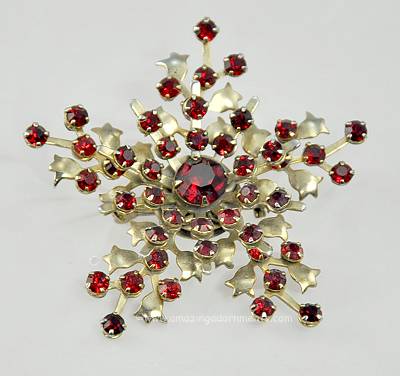 Vintage Unsigned Layered Red Rhinestone Atomic Star Brooch