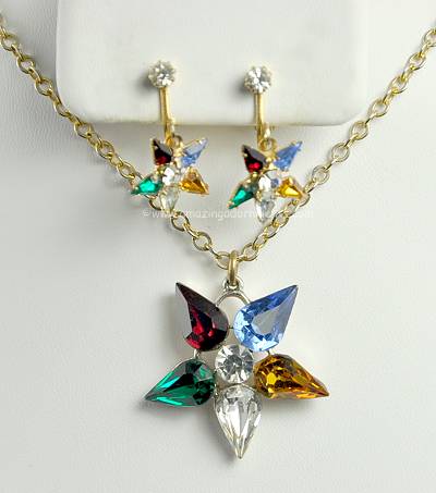 Dreamy Vintage Multi- colored Rhinestone Star Pendant Necklace and Earring Set