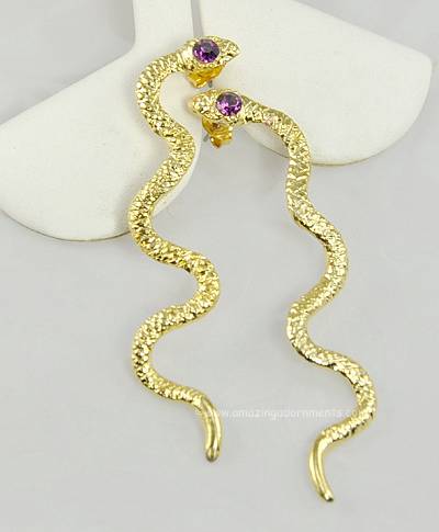Spiky Unsigned Sinewy Snake Figural Earrings with Amethyst Rhinestones