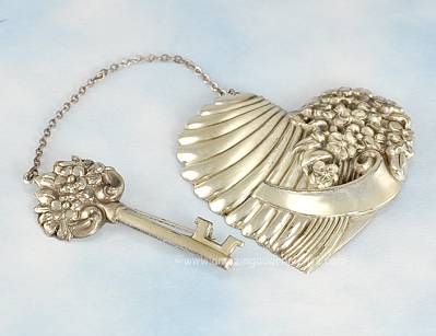 Fabulous Vintage Signed TRUART Sterling Repouss Flower Key to Heart Brooch
