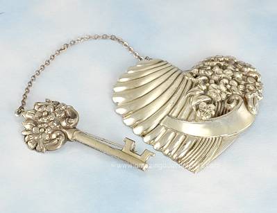 Fabulous Vintage Signed TRUART Sterling Repouss Flower Key to Heart Brooch