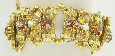 Opulent Victorian Revival Bracelet with Amber Rhinestones and Faux Pearls