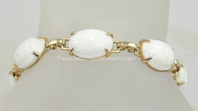 Refined Unsigned Carved White Glass Scarab Bracelet