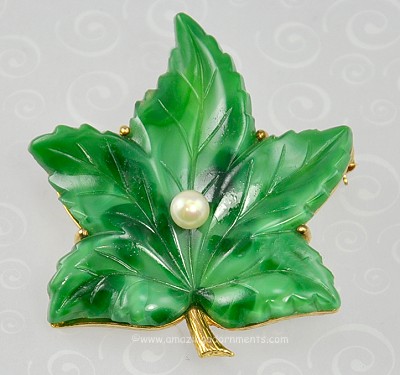 Vintage High Quality Glass and Faux Pearl Sugar Maple Leaf Brooch Signed CINER