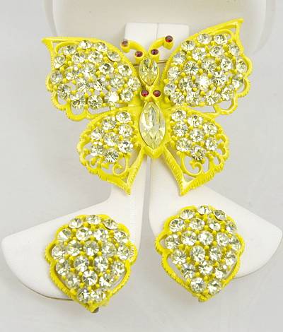 Vivacious Vintage Signed Weiss Yellow Enamel and Rhinestone Butterfly Set