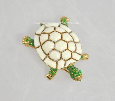 Cute Vintage Cream Enamel Turtle Figural Pin Signed CINER