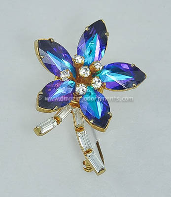 Super Sweet Vintage Alexandrite and Clear Rhinestone Floral Pin Signed AUSTRIA
