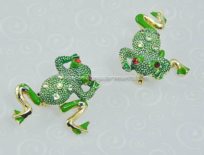Vintage Enamel and Rhinestone Mechanical Frog Figural Scatter Pin Set