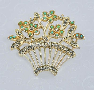 Fancy Vintage Signed LISNER Green and Hematite Flower Basket Brooch