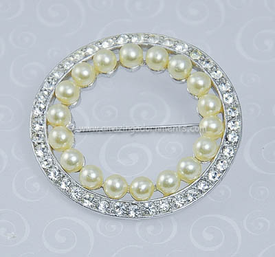 Timeless Vintage Faux Pearl and Rhinestone Brooch Signed MARVELLA