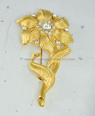 Gorgeous Vintage Signed MONET Rhinestone Long Stemmed Flower Brooch