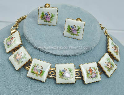 Vintage Painted Romantic Scene Panel Necklace and Earring Set
