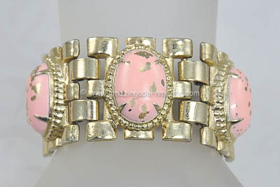 Chunky 1960s Vintage Speckled Pink Cabochon Linked Panel Bracelet