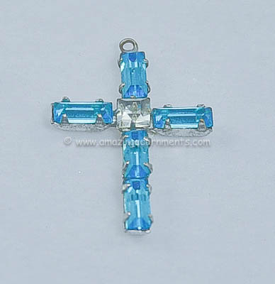 Vintage Blue and Clear Rhinestone Cross Pendant