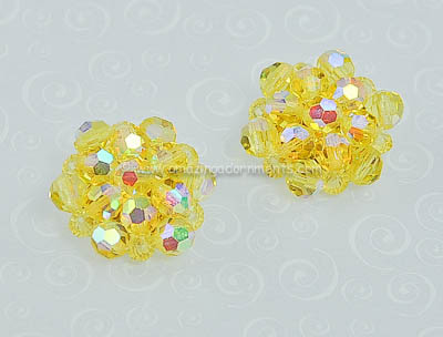 Sunny Yellow Vintage Unsigned Wired Crystal Cluster Earrings