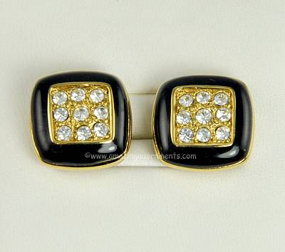 Sophisticated Signed SWAROVSKI Black Enamel and Clear Crystal Earrings