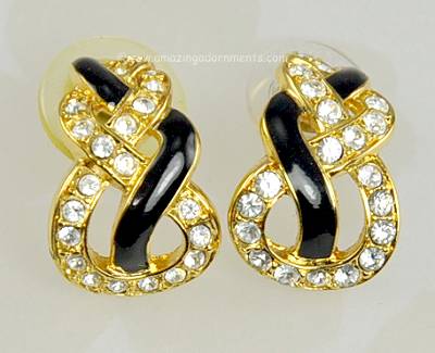Exquisite Signed SWAROVSKI Clear Crystal and Black Enamel Earrings