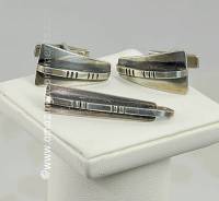 Vintage Modernist Sterling Silver Cufflinks and Tie Clip Dress Set Signed JULES BRENNER