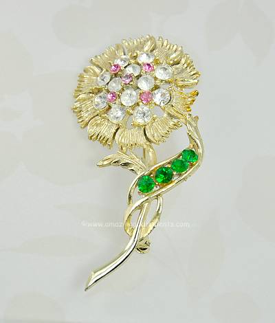 Sweet Vintage Long Stemmed Flower Brooch with Rhinestones