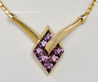 Deco Style Necklace with Invisibly Set Amethyst Rhinestones Signed TRIFARI ~ BOOK PIECE