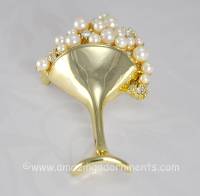 Lush Champagne Glass Brooch with Faux Pearl and Rhinestone Bubbly Signed AJC