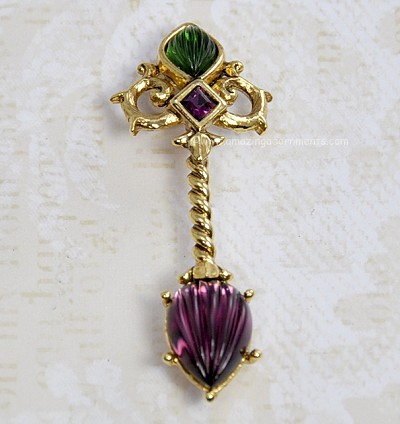 Majestic Ribbed Glass Scepter Style Key Brooch Signed OSCAR de la RENTA