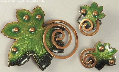 Vintage Signed MATISSE Leaf  Enamel and Copper Set ~ BOOK PIECE