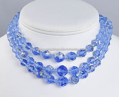 Vintage Unsigned Three Strand Blue Crystal Necklace