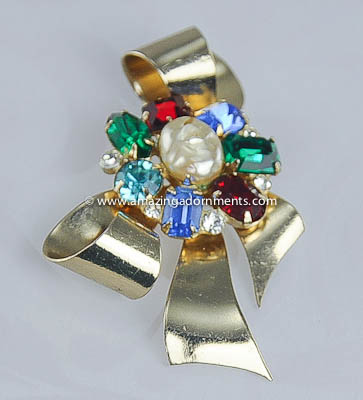 Endearing Vintage Emerald Cut Rhinestone and Faux Pearl Brooch Signed CORO