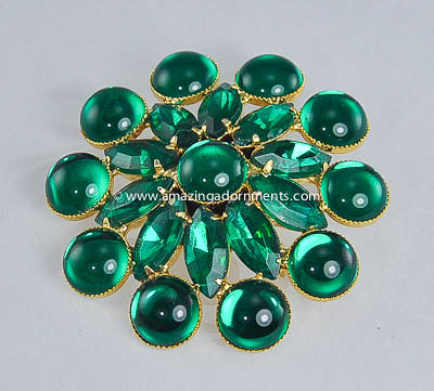 Vintage Unsigned Green Glass Floral Brooch