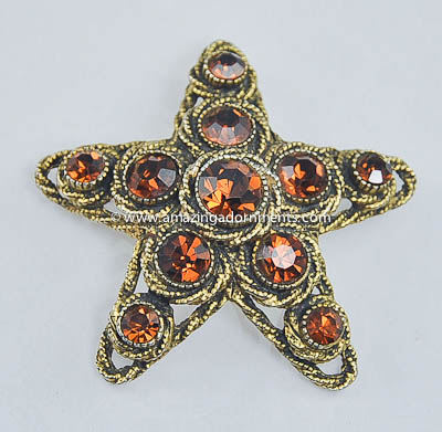 Vintage Signed HAR Amber Rhinestone Five Pointed Star of Starfish Brooch