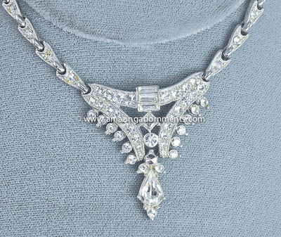 Alluring Vintage Pear Shaped Drop Clear Rhinestone Necklace Signed ORA