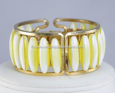 Chunky Unsigned Yellow and White Striped Plastic Statement Bracelet