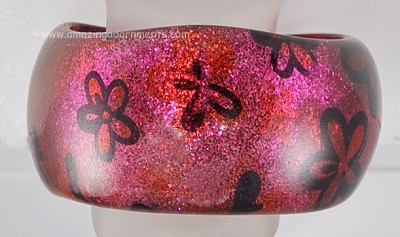Hot Pink and Red Metallic Bangle Bracelet with Flowers
