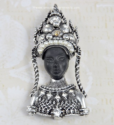 Remarkable Vintage Blackamoor African Princess Brooch Signed PAM