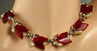 Luscious Red Tulip Choker Signed TRIFARI with Rhinestone and Faux Pearl Accents
